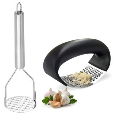 Imagem de Amassador de Batata e Alho Profissional em Aço Inoxidável com Alças Ergonômicas, Preto e Prata, Utensílio de Cozinha para Triturar Amassar Purê Feijão