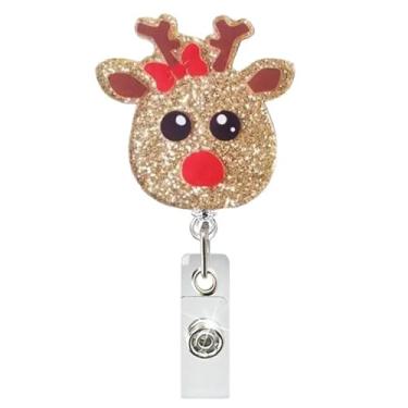 Imagem de Carretel de crachá de Natal com glitter de inverno, suporte de crachá de alce com clipe jacaré, carretéis retráteis de acrílico para crachá de identificação para enfermeiras, estudantes, hospitais