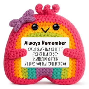 Imagem de Hweijm Presente de crochê arco-íris feito à mão para aniversário ou Natal, presente de incentivo para amigos, colegas de trabalho ou professores, decoração de mesa positiva inspiradora para momentos