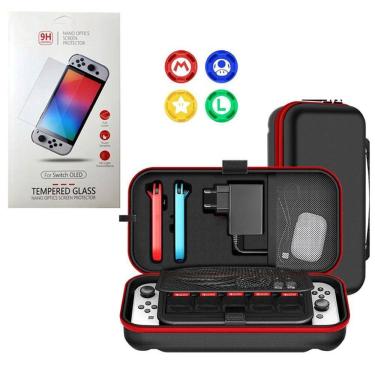 Imagem de Kit Case Nintendo Switch Oled Espaçosa + Película + Grips