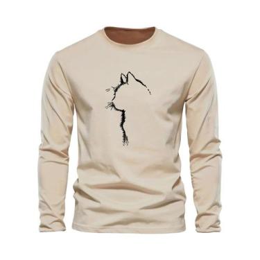 Imagem de Camiseta Masculina De Algodão Com Estampa De Gato, Manga Comprida, Gol