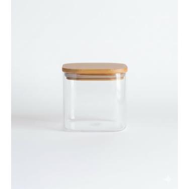Imagem de Pote 600Ml De Vidro Flat Com Tampa De Bambu Quadrado Mantimento