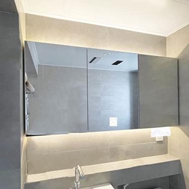 Imagem de SPXMQSS Armários de banheiro com luzes, armário de armazenamento de espelho de banheiro com prateleiras de espelho, armários de banheiro com espelho, 3 portas, unidades de armazenamento montadas na