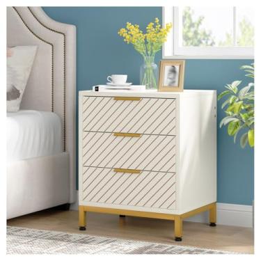 Imagem de SPXMQSS Mesa de cabeceira com gaveta, armário de cabeceira com 3 gavetas, mesa de cabeceira de madeira para quarto, sala de estar, mesa lateral, 50 x 40 x 62,5 cm, branca