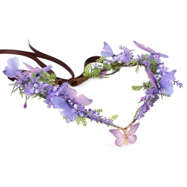 Imagem de MOSTORY Coroa de borboleta de fada roxa - tiara floral de elfo feita à mão para mulheres, meninas, primavera, casamento, festa renascentista, cosplay