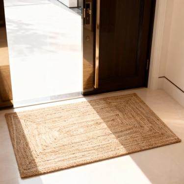 Imagem de Craft Trade Tapete trançado de juta, 100% fibra natural, tapete reversível Boho Farmhouse para ambientes internos e externos, tapete bege neutro para capacho, entrada e áreas de alto tráfego