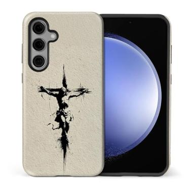 Imagem de CARLOCA Compatível com Samsung Galaxy S24 FE Capa fosca de corpo inteiro para meninas e meninos capa dura à prova de choque para Samsung Galaxy S24 FE padrão fashion bege claro tinta preta Jesus cruz