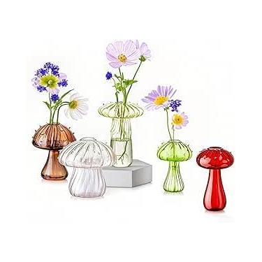 Imagem de Conjunto de 5 vasos de vidro de cogumelo – vasos de propagação hidropônica coloridos para plantas de interior – Mini vaso de flores fofo decoração de terrário e centro de mesa – presente para mulheres