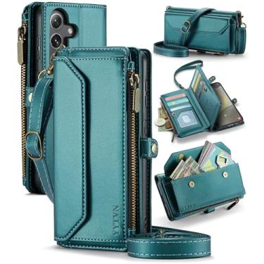 Imagem de YYTVN Capa carteira para Samsung Galaxy S23 FE com zíper e alça de cordão transversal e alça de pulso, capa flip magnética de couro PU com bloqueio de RFID para Samsung S23 FE - verde