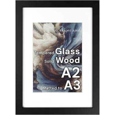 Imagem de Frame Amo Moldura para pôster A2 de madeira maciça preta, 16,5 x 23,4, tapete branco para imagem A3 11,7 x 16,5, vidro temperado, 3,8 cm de largura, 2,5 cm de espessura, ponta alta, substancial, grau