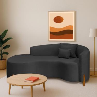 Imagem de Divã Recamier Curvo Sala De Estar Recepção Inglaterra 180cm Pés Madeira Lado Esquerdo Linho Preto