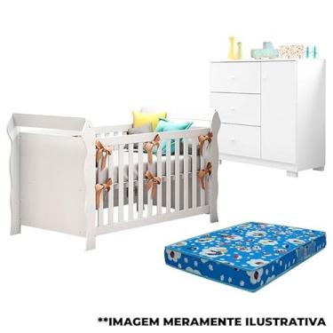 Imagem de Berço Americano Lara e Cômoda Infantil Duda Branco Brilho com Colchão - Phoenix Baby