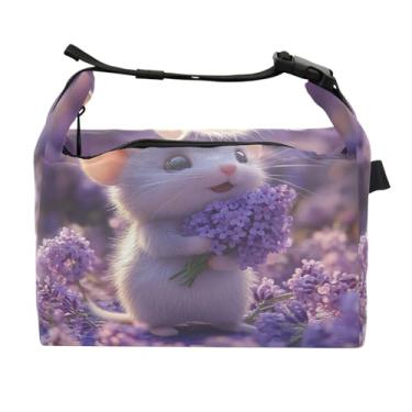 Imagem de STAYTOP Lancheira fofa branca de rato e flores com fivela de alça, lancheira isolada para meninos e meninas lancheira para trabalho escolar