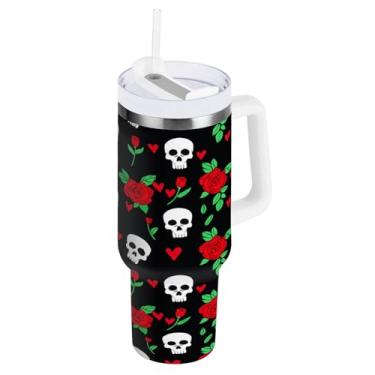 Imagem de Kigai Copo de 1,134 g com alça, copos com isolamento de caveira rosa com tampa e canudo, garrafa de água esportiva de metal grande, caneca de café de viagem de aço inoxidável