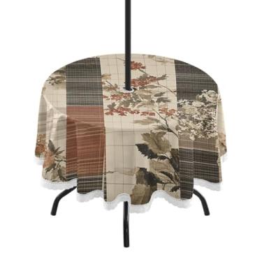 Imagem de CEBUGI Toalha de mesa redonda para uso externo, vintage, xadrez, impermeável, com furo Umberlla, capa de mesa lavável para pátio, cozinha, sala de jantar, 152 cm