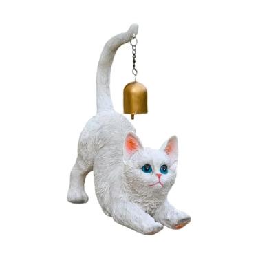 Imagem de Generic Estátua de gato, estatueta de gatinho com sino, decoração de mesa, artesanato em resina, escultura de animal em resina para decoração de jardim, Branco
