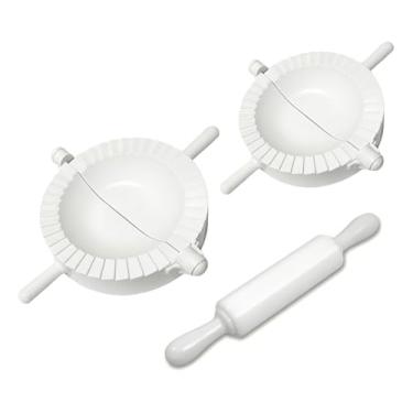 Imagem de Kit Forma para Pastel e Risoles com Rolo de Massa, 2 Formas Antiaderentes de 8cm e 10cm, Conjunto para Preparo de Lanches e Festas, Branco