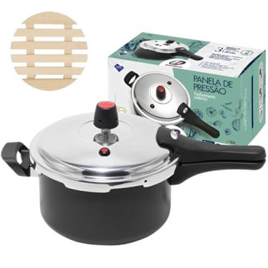 Imagem de Panela de Pressão 3 Litros Antiaderente Fechamento Externo + Descanso de Panela Redondo Madeira 14,5cm