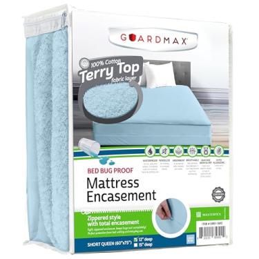 Imagem de Guardmax Revestimento de colchão com zíper de algodão felpudo - tamanho Queen curto - 100% à prova d'água e protetor de colchão à prova de percevejos - Capa de colchão absorvente de seis lados