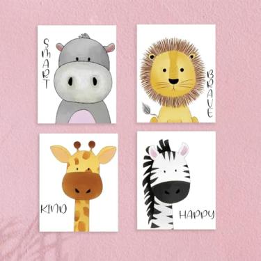 Imagem de 4 peças de decoração de parede de animais fofos de desenho animado, sem moldura, colorido, safári, animal, pintura, pôster, arte para paredes, decoração de parede motivacional, impressões modernas