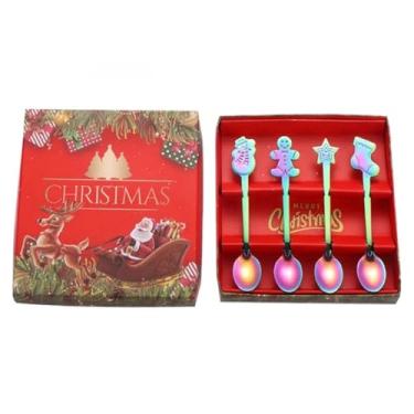 Imagem de Conjunto de colheres de aço inoxidável de Natal Ins Style, 4 peças, pingente criativo de sobremesa, colher de café, conjunto de caixa de presente estilo americano para presente de Natal (prata/ouro