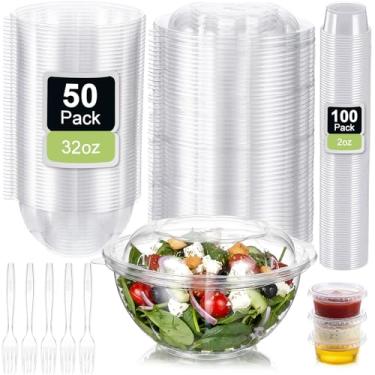 Imagem de LemonRoad Pacote com 50 tigelas de salada de plástico descartáveis de 946 ml com tampas herméticas, pacote com 100 copos de porção de plástico de 60 ml com tampas, 50 peças de garfos extralongos
