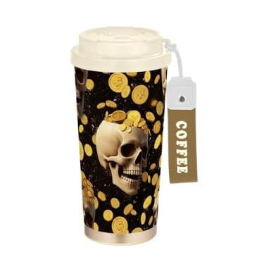 Imagem de TSENQUE Copo de café de 473 ml com tampa de canudo e filp, copo de café de aço inoxidável à prova de vazamento para escritório, escola, festa, acampamento, caveiras humanas, moedas douradas, preto