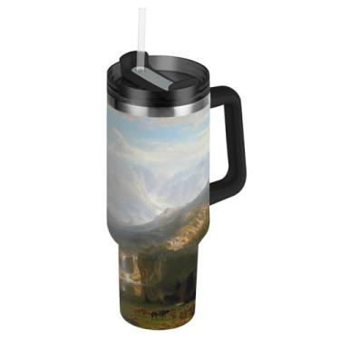 Imagem de Copos de aço inoxidável com tampas e canudo Albert Bierstadt Rocky Mountains Caneca de café quente para carro Copo Termo com alça Garrafas de água isoladas de 1,134 g