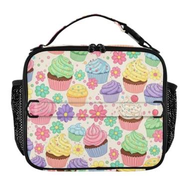 Imagem de Joisal Lancheira colorida de cupcakes florais para mulheres, meninas, lancheira masculina e infantil, lancheira para trabalho, bolsa térmica portátil para alimentos isolada para escola