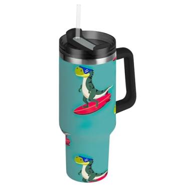 Imagem de Copo de 850 g com alça copos de aço inoxidável com tampas e canudos, garrafa de água isolada à prova de vazamento, caneca de café quente para carro, dinossauro, surfe, vermelho vibrante