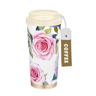 Imagem de TSENQUE Copo de café de viagem 473 ml com canudo e tampa de enchimento, copo de café de aço inoxidável à prova de vazamento para escritório, escola, festa, acampamento, aquarela, rosa, azul, rosas