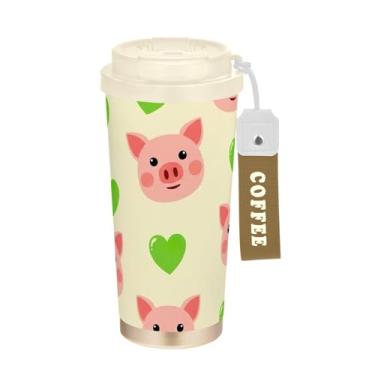 Imagem de Lindo desenho animado com estampa de porco rosa, caneca de café de 40 ml com canudo e tampa, copos de parede dupla isolados a vácuo com revestimento cerâmico para escola, escritório, festa