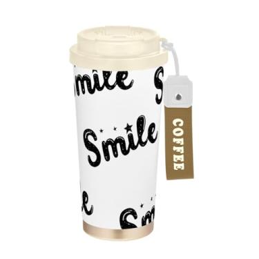 Imagem de TSENQUE Copo de café de viagem 473 ml com canudo e tampa, caneca de café de aço inoxidável à prova de vazamento para escritório, escola, festa, acampamento, sorriso, preto, branco, desenho animado