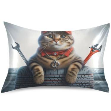 Imagem de Lindas capas de almofada de cetim gatinho engraçado gato para arrefecimento de cabelo King Queen padrão almofada deslizante gráfica quarto estética, tamanho Queen, 76,2 cm x 50,8 cm