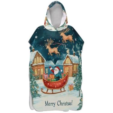 Imagem de Joisal Poncho de surfe para adultos trocador de roupa de praia com capuz estampado absorvente Natal Papai Noel trenó feminino ponchos com capuz
