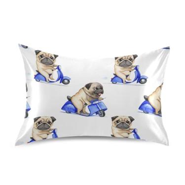 Imagem de Fronhas refrescantes engraçado animal floral padrão king queen fronha cetim decoração de cama para casa tamanho queen 76.2 cm x 50.8 cm bonito pug equitação scooter branca