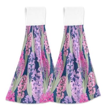 Imagem de Toalhas de cozinha com laço para pendurar flores de jacinto rosa roxo conjunto de 2 toalhas de casa de banho, toalhas de casa e cozinha, macias e absorventes, 46 x 35 cm