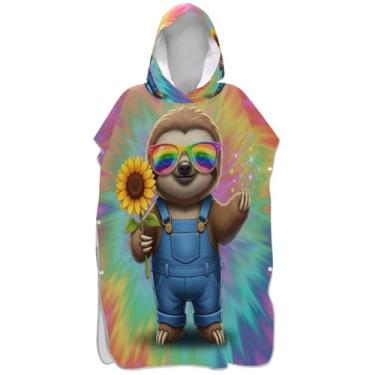 Imagem de Joisal Trocador de poncho de surfe para adultos toalha de praia com capuz absorvente de natação unissex poncho adulto com capuz brincalhão fofo preguiça arco-íris