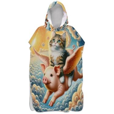 Imagem de Joisal Poncho de surfe trocador de roupão adulto com capuz toalha de praia estampado plus size feminino ponchos com capuz engraçado gato porco