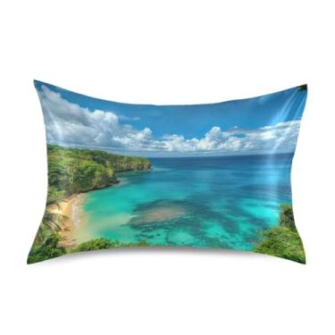 Imagem de Fronha de Cetim Linda Estética Ilha Verde Azul King Queen Fronha Padrão Arte Fofa Refrescante Decoração de Casa Roupa de Cama Tamanho Padrão 66 cm x 50 cm