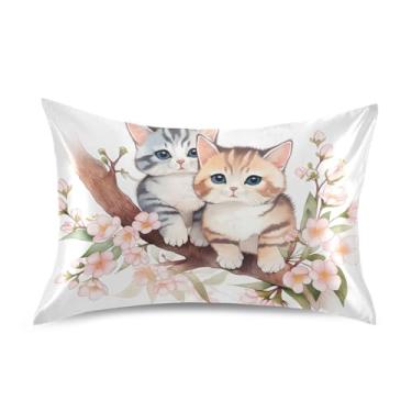 Imagem de Fronhas estampadas aquarela gatinho gato floral flor rei queen padrão fronhas cetim refrescante para cama de casa sofá animal floral king size 101,6 cm x 50,8 cm