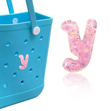 Imagem de HLUWA Berloques de letras para bolsa Bogg, alfabeto itálico rosa lantejoulas acessórios para Bogg e Simply Southern Bag, pingente de letras decorativas para bolsa de praia (Y)