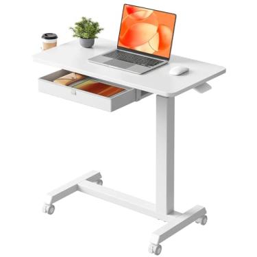 Imagem de HGTRH Mesa auxiliar com rodas, mesa regulável em altura, mesa para computador portátil mesa computador de cama altura ajustável com gaveta, para sofá, cama e leitura branco