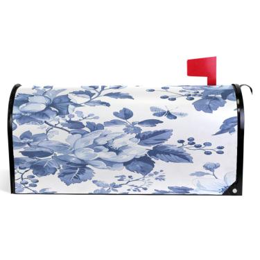 Imagem de TSENQUE Capas magnéticas decorativas para caixa de correio de outono envoltório de vinil azul e branco floral moderno caixa de correio decoração de jardim tamanho padrão 52,6 x 45,8 cm