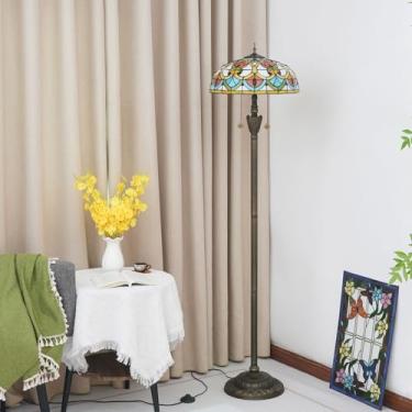Imagem de Luminária de chão Tiffany, com cúpula de vitral, estilo vintage, dupla, para sala de estar, quarto e escritório, iluminação brilhante, decoração rústica de canto, bronze, estilo barroco lara