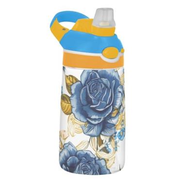 Imagem de Garrafa de água infantil reutilizável de 473 ml Tritan Sports com canudo à prova de vazamento, copo de viagem infantil portátil, alça de transporte, rosa vintage azul escuro dourado