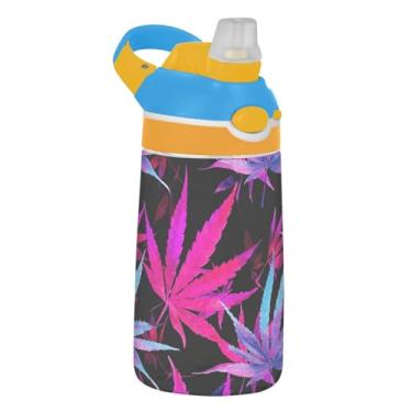 Imagem de Garrafa de água infantil Leaves Purple Blue Black com canudo 473 ml Tritan 473 ml Garrafa de água esportiva reutilizável à prova de vazamento copos de viagem para crianças, portátil, alça de