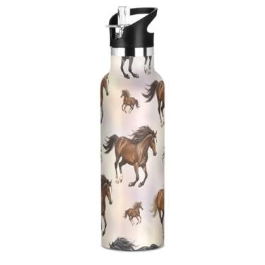 Imagem de Garrafa de água isolada de aço inoxidável de 590 ml com tampa de palha, aquarela, marrom, cavalos, preto, garrafas de água para meninos, meninas, copos, sem BPA, à prova de vazamento com alça