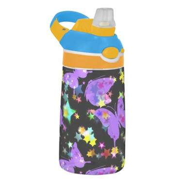 Imagem de Garrafa de água infantil Purple Butterflies Colorful Stars para escola, 473 ml, 473 ml, garrafa de água esportiva Tritan com canudo, copos de viagem portáteis para crianças, reutilizáveis, alça de