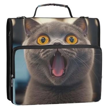 Imagem de Fichário fofo de gato cinza surpreso de 3 cm com 3 anéis, bolsa organizadora de fichário com zíper resistente com alça para portfólio de documentos escolares e suporte de pasta de anel